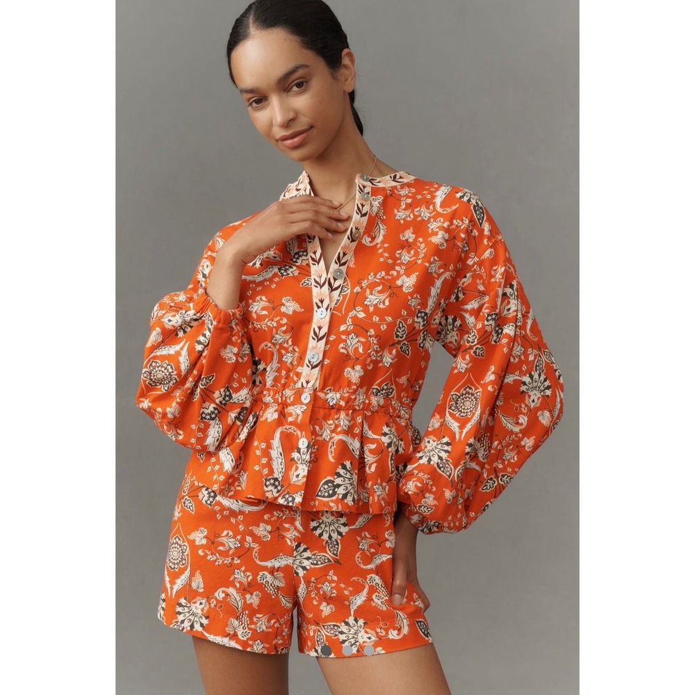Farm Rio Anthropologie Long Sleeve  Romper Red Orange Floral Cotton $228‎ NWT